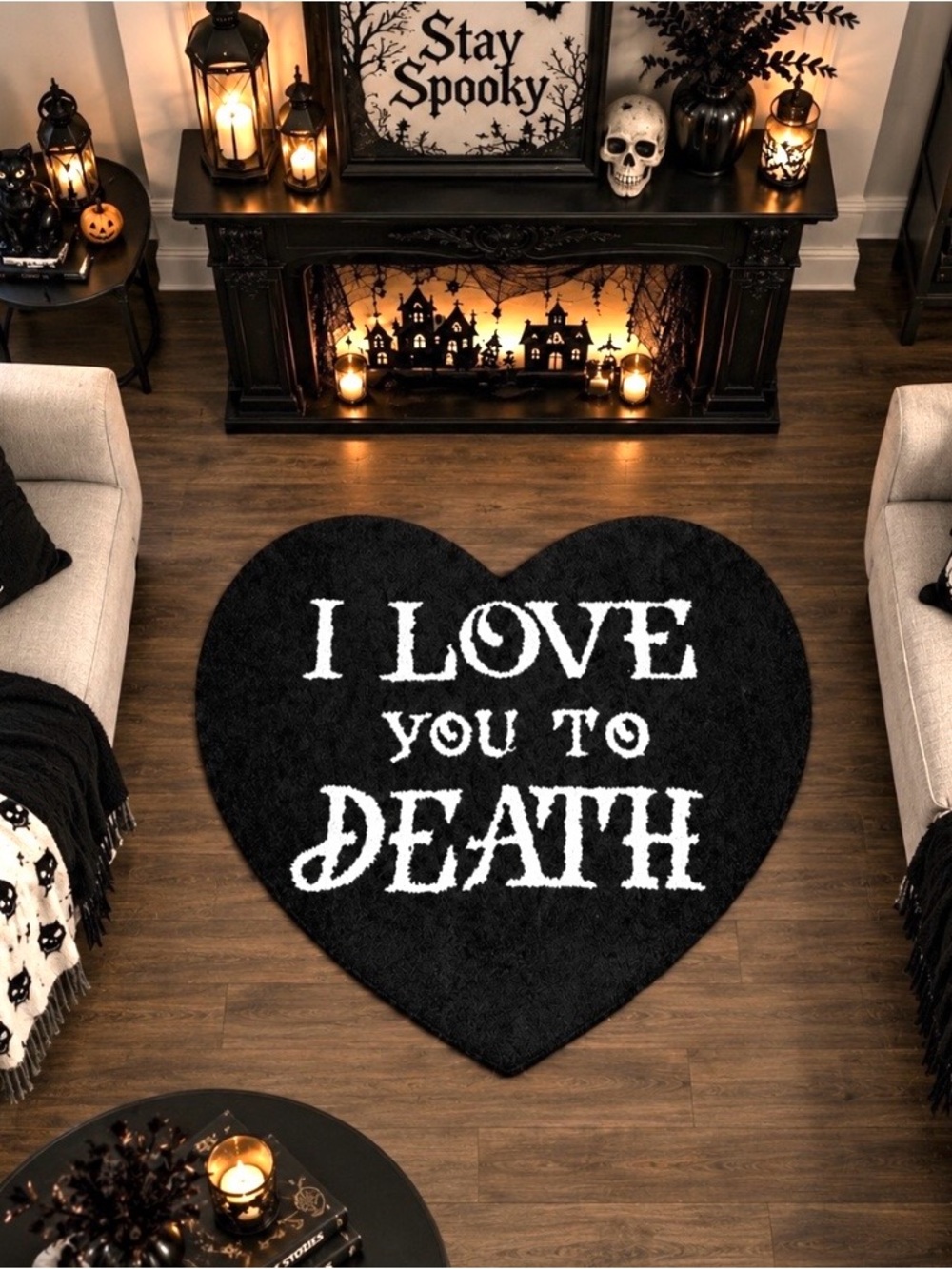 HALLOWEEN HOOKED ACCENT RUG BLACK HEART GOTHIC DEATH CANVAS BACK 25X25 VIRAL